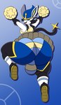 absurd_res anthro big_butt bottomwear bulge butt cheering cheerleader cinderace clothing footwear fusion generation_4_pokemon generation_8_pokemon hi_res huge_butt luxray male mechaclank nintendo pokemon pokemon_(species) shirt simple_background skirt socks solo tank_top topwear