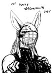 2023 anthro asinus black_and_white clothing dialogue donk_(hladilnik) donkey english_text equid equine fingerless_gloves gloves handwear hi_res hladilnik jojo's_bizarre_adventure male mammal monochrome muzzle_(object) smile smirk solo text wire_basket_muzzle