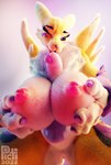 3d_(artwork) absurd_res armwear bandai_namco black_sclera blue_eyes breast_play breasts bridal_gauntlets canid clothing colored_nails digimon digimon_(species) digital_media_(artwork) dildo female fondling fur genitals hi_res licking mammal nails nipples picti pink_nipples pink_pussy pussy renamon self_fondle sex sex_toy sex_toy_titfuck solo titfuck tongue tongue_out yellow_body yellow_fur