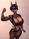 2024 abstract_background anthro aozee artist_name athletic athletic_anthro athletic_female big_breasts black_hair blue_eyes bottomwear breasts brown_body brown_fur canid canine canis cleavage clothed clothing crop_top curvy_figure dialogue digital_drawing_(artwork) digital_media_(artwork) dobermann domestic_dog english_text female fingers flexing flexing_bicep fur hair hi_res hotpants hourglass_figure isla_(odyssey23) mammal midriff multicolored_body multicolored_fur navel pinscher shirt short_hair short_tail shorts skimpy small_waist smile snout solo tail talking_to_viewer text thick_thighs topwear two_tone_body two_tone_fur watermark wide_hipped_anthro wide_hipped_female wide_hips workout_clothing