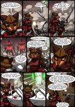 2017 absurd_res anthro armor brown_body brown_fur colored comic dialogue dialogue_box english_text female fur hi_res in_our_shadow kitfox-crimson lehna_(kitfox-crimson) machine male mammal mecha melee_weapon murid murine procyonid raccoon rat red_armor red_eyes rodent speech_bubble sword text weapon white_body white_fur