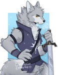 2024 amonex403 anthro athletic athletic_anthro athletic_male biped canid canine canis countershade_fur countershading digital_drawing_(artwork) digital_media_(artwork) fingers fur grey_body grey_fur grey_tail hi_res holding_melee_weapon holding_object holding_sword holding_weapon looking_at_viewer male male_anthro mammal melee_weapon portrait solo standing sword tail three-quarter_portrait weapon white_body white_countershading wolf yellow_eyes