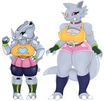 anthro belt big_breasts bottomwear breasts clothing duo female fingerless_gloves generation_1_pokemon gloves grey_body handwear hi_res horn huge_breasts legwear nintendo pokeball pokemon pokemon_(species) red_eyes rhydon rhyhorn shirt shorts simple_background skirt tail topwear urusee584 white_background