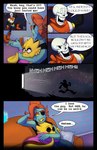 absolutedream absurd_res alphys animated_skeleton anthro bone broken_window comic cuddling dialogue english_text eye_patch eyewear female fish glasses group hi_res laugh lizard male marine papyrus_(undertale) reptile scalie skeleton text undead undertale undertale_(series) undyne