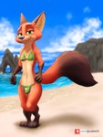 absurd_res anthro beach bikini bikini_bottom bikini_top bulge canid canine canis clothed clothing countershading crossdressing dipstick_tail disney femboy fox full-length_portrait fur gloves_(marking) hi_res leg_markings link6432 male mammal markings navel nick_wilde orange_body orange_fur portrait red_fox redraw seaside socks_(marking) solo swimwear tail tail_markings true_fox two-piece_swimsuit zootopia