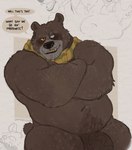 absurd_res anthro bear belly biceps blind_eye blush brown_body brown_fur casual_nudity crossed_arms dialogue dreamworks english_text fur genitals grey_hair grin hair hairy hi_res male mammal mature_anthro mature_male mostly_nude musclegut muscular muscular_male nipples overweight overweight_male papa_bear_(puss_in_boots) pecs penis penis_base puss_in_boots_(dreamworks) scarf scarf_only smile solo tail talking_to_viewer text xeoniios yellow_sclera