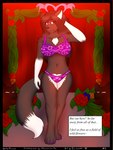 absurd_res anthro belly black_body black_fur bra breasts canid canine chest_tuft clothing comic commissioner_name curtains decoration english_text female floral floral_background floral_pattern floral_print flower fox full_body_view fur fur_markings hair heterochromia hi_res intense_lighting light lingerie long_hair mammal markings navel page_number panties plant signature silhouette solo stage tail text trinitygodag tuft underwear white_body white_fur wide_hips