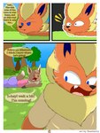 3:4 absurd_res anthro blue_eyes brown_body brown_eyes butt canid canine clothed clothing comic dialogue digital_drawing_(artwork) digital_media_(artwork) duo eevee eeveelution elizabeth_venizee english_text female flamberry_(artist) flareon franklin_flare fur generation_1_pokemon grass hair hi_res ibispaint_(artwork) idea male male/female mammal nintendo open_mouth orange_body orange_fur plant pokemon pokemon_(species) surprised_expression tail text tree