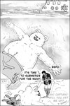 2024 anthro bear belly bepo_(one_piece) biped black_border border bottomwear clothing comic dialogue english_text eyes_closed hi_res human male mammal minkmen_(one_piece) monochrome moobs musical_note musical_symbol nekokat42 nipples one_piece outside overweight overweight_male polar_bear shirt shorts swimming swimwear symbol tattoo text topwear trafalgar_law ursine