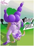 anthro back_boob big_butt breasts butt english_text female generation_5_pokemon hi_res mienshao nintendo nude outline pokemon pokemon_(species) purple_body rear_view red_eyes solo speech_bubble standing_on_hands tail text thick_thighs upside_down voy_barranca_abajo