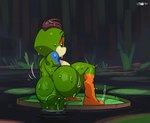 amphibian anthro big_butt biped breasts butt female frog green_body joaoppereiraus lily_pad lotte_(joaoppereiraus) multicolored_body nude plant rear_view solo thick_thighs wet wet_body