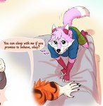 anthro bed canid canine dialogue duo english_text eyewear felid femboy fox furniture glasses male mammal moshihun pantherine text tiger