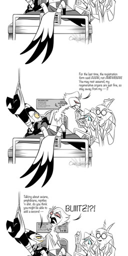 Rating: s
ID: 5678094
Date: 2025-06-30 16:41:39 -0400
Status: active
Score: 25
2025 absurd_res anthro atimon avian avian_feet bandage bandaged_arm bandaged_leg beak bed blitzo_(helluva_boss) claws clothed clothing comic cross demon dialogue doctor english_text eyewear facial_hair fangs feathers female furniture glasses goatee group headgear headwear helluva_boss hi_res horn hospital hospital_bed imp inverted_cross male mouth_closed nurse nurse_clothing nurse_headwear open_mouth red_eyes signature speech_bubble stolas_(helluva_boss) tail tail_feathers teeth text post #5678094