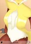 anthro blush breasts commandg delphox female fur generation_6_pokemon nintendo nude pokemon pokemon_(species) simple_background solo yellow_body yellow_fur