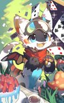 ambiguous_gender anthro blue_eyes butterfly_dragon cake card cheek_tuft dessert emolga_1 eyewear eyewear_on_head facial_tuft fangs food fructose_(fructose_c) fructose_c fur goggles goggles_on_head hi_res looking_up open_mouth open_smile orange_tongue semi-anthro smile solo teeth tongue tuft white_body white_fur