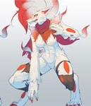 after_transformation akari_(pokemon) anthro blush breasts canid canine claws clothing featureless_breasts featureless_crotch female fur generation_8_pokemon hi_res hisuian_form hisuian_zoroark mammal medium_breasts nintendo nude pokemon pokemon_(species) raaggu red_body red_fur regional_form_(pokemon) scarf sharp_teeth simple_background teeth torn_clothing transformation white_body white_fur yellow_eyes