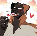 anthro big_hands blush blush_lines candy canid canine canis crunch dessert domestic_dog fangs fluffy food happy hi_res leonberger lollipop lollipop_in_mouth looking_at_another looking_back looking_pleasured male mammal molosser mountain_dog norton_(nerton) pawpads pecs smile solo sweets teeth walk-w-igny