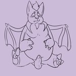 1:1 anthro balls bat belly blush genitals grey_background humanoid_genitalia humanoid_penis line_art lobi_top male mammal monochrome overweight overweight_anthro overweight_male penis simple_background slightly_chubby solo terraria thorium_(terraria_mod) viscount_(terraria_mod) wings