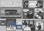 2023 absurd_res anthro avian beverage bird cleaning_tool clock clothed clothing coffee comic dialogue digital_media_(artwork) duo english_text fur greyscale hair halcyon_(series) herba_(halcyon) hi_res lagomorph leporid lost_andsafe male mammal monochrome mop name_tag open_mouth owl rabbit speech_bubble text watch