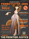 3:4 anthro belt brown_body brown_fur brown_hair canid canine canis clothed clothing cover crossdressing dingo dress english_text femboy fictional_magazine_cover footwear fur gun hair hands_behind_head hi_res high_heels holding_object holding_ranged_weapon holding_weapon male mammal marcus_gray multicolored_body multicolored_fur one_eye_obstructed pump_action pump_action_shotgun qr_code ranged_weapon shoes shotgun simple_background slit_dress sparkles sparkling_clothing sparkling_dress tail team_fortress_2 text thick_thighs valve weapon