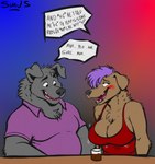 Rating: q
ID: 5186005
Date: 2024-11-16 14:56:37 -0500
Status: active
Score: 32
absurd_res alcohol alcohol_consumption anthro aroused beverage bouncing_breasts breast_jiggle breasts canid canine canis cleavage clothed clothing dialogue disco domestic domestic_dog drunk duo female fully_clothed furniture glass hi_res hiccuping jiggling looking_at_breasts male mammal motion_lines nervous nightclub simusart sitting smile speech_bubble substance_intoxication table voyeur wolf post #5186005