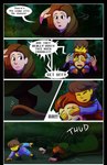 absolutedream absurd_res carrying_person clothed clothing comic dialogue english_text falling fan_character female forest frisk_(undertale) green_clothing group hair hi_res holding_person human human_only male mammal not_furry pattern_clothing plant robe striped_clothing stripes text tree tripping undertale undertale_(series)