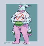 animal_skin anthro balls bandai_namco belly bottomless clothed clothing digimon digimon_(species) english_text flaccid fupa fur genitals hi_res horn male navel overweight penis psychemon reiko_u shirt solo standing striped_body striped_fur stripes t-shirt text topwear