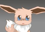 2019 ambiguous_gender blue_eyes bodily_fluids brown_body brown_fur eevee front_view fur generation_1_pokemon get_it_go gradient_background grey_background neck_tuft nintendo open_mouth pokemon pokemon_(species) simple_background solo sweat sweatdrop tuft