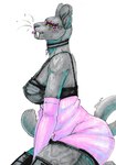 anthro black_body black_fur breasts choker clothing cougar fangs felid feline female fur hi_res jewelry kneeling legwear lingerie mammal marker_(artwork) necklace pink_clothing pink_lingerie solo spoilla stockings tail teeth tongue tongue_out traditional_media_(artwork)