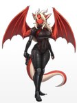 2024 absurd_res anthro armor aurelia_(unbeholden) big_breasts black_bodysuit black_clothing black_skinsuit blonde_hair bodysuit breasts clothing dragon ear_piercing eyebrows female glistening glistening_bodysuit glistening_clothing glistening_skinsuit gun hair hair_over_eye handgun hi_res horn knee_pads long_hair membrane_(anatomy) membranous_wings mythological_creature mythological_scalie mythology one_eye_obstructed pgm300 piercing pistol ranged_weapon red_body red_scales scales scalie simple_background skinsuit solo tail tight_clothing weapon white_background white_horn wings yellow_eyes