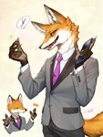 anthro canid canine cellphone clothed clothing currency_symbol electronics fox hi_res kemokemono male mammal necktie nhk nhk_news pawpads phone sharp_teeth smartphone solo suit symbol teeth yen_sign