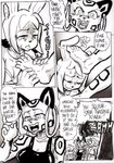 anthro beverage breasts cheetah cleavage clothed clothing collar comic daigaijin dialogue ear_piercing ear_ring english_text eyes_closed felid feline female furryfight_chronicles group hi_res lagomorph leporid mammal nyarai_(furryfight_chronicles) piercing rabbit ring_piercing saniko surprised text