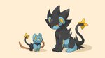 16:9 ambiguous_gender black_body black_fur blue_body blue_fur duo feral food fur generation_4_pokemon luxray meat nintendo pokemon pokemon_(species) pukupukudragon quadruped sausage shinx simple_background sitting size_difference standing widescreen