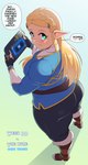 big_butt blonde_hair blush breath_of_the_wild butt clothed clothing coffeeslice english_text female fully_clothed hair hi_res humanoid humanoid_pointy_ears hylian looking_at_viewer looking_back nintendo not_furry pointy_ears princess_zelda slightly_chubby slightly_chubby_female solo text the_legend_of_zelda thick_thighs translated