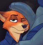 anthro balls bovid bovine canid canine cape_buffalo chief_bogo chipchell close-up clothed clothing disney dripping duo foreskin fox fur genitals half-erect looking_at_viewer male male/male mammal nick_wilde one_eye_closed orange_body orange_fur penis penis_on_head red_fox simple_background true_fox zootopia