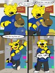 alfred_tiger anthro backpack clothing comic dialogue fangs felid hallway hi_res male mammal mustelid otter pantherine raised_arm sandune school school_uniform shocked speech_bubble teeth tiger tradcartoons_studios uniform unknown_character watermark willie_and_michael young young_anthro young_male