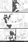 2022 5_fingers amy_rose anthro base_three_layout blockage_(layout) blush clothing comic cute_fangs dialogue english_text eulipotyphlan exclamation_point fangs female fingers five_frame_image gloves greyscale group handwear hedgehog hi_res horizontal_blockage hug krazyelf looking_at_another male mammal monochrome open_mouth scarf sega shadow_the_hedgehog shirt sonic_the_hedgehog sonic_the_hedgehog_(series) speech_bubble speed_lines surprise sweater tank_top teeth text three_row_layout topwear trio