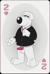 animal_genitalia animal_penis anthro balls bottomless brian_griffin canid canine canine_genitalia canine_penis canis card card_template clothed clothing digital_media_(artwork) domestic_dog erection family_guy fur genitals heart_symbol hearts_(suit) hi_res knot looking_at_viewer male mammal necktie neenya penis playing_card playing_card_template shirt simple_background small_penis smile solo standing suit suit_jacket topwear two_of_hearts