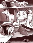 comic digital_media_(artwork) feral fully_inside hi_res human larger_feral lemondeer male male_pred mammal monochrome monster mordecai_(lemondeer) quadruped red_theme simple_background size_difference solo vore whiskers