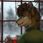 1:1 anthro beverage blurred_background canid canine canis digital_media_(artwork) glass hair hi_res holding_object male mammal plant snow solo tea techiesxc tree warm window wolf