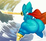 adorabat aged_up anthro bat big_butt black_eyes blue_body butt butt_focus cape cartoon_network clothing female fighting_pose glistening glistening_butt hi_res holding_melee_weapon holding_object holding_sword holding_weapon huge_butt huge_hips huge_thighs hyper hyper_butt katana mammal mao_mao:_heroes_of_pure_heart melee_weapon membrane_(anatomy) membranous_wings mostly_nude narrowed_eyes pegleg pointy_ears pose prick_ears sharp_teeth short_stack small_tail smile solo sword tail teeth thick_thighs wave weapon wide_hips wings xaveknyne yellow_sclera