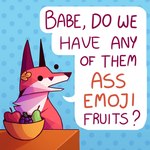 1:1 ambiguous_gender anthro asking asking_another blue_background canid canine dialogue dot_eyes english_text food fox fruit fruit_bowl fur glassshine hi_res highlighted_text hubert_(glassshine) humor long_ears mammal orange_body orange_fur plant question simple_background solo speech_bubble talking_to_another term_of_endearment text text_emphasis yes-no_question