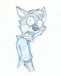 anthro black_nose blue_clothing blue_shirt blue_topwear canid canine canis cirruskitfox clothing fur grey_body grey_fur hi_res male mammal milo_(tredain) open_mouth pattern_clothing pattern_shirt pattern_topwear shirt shocked simple_background sketch solo teeth_showing tongue_showing topwear white_background wolf