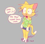 Rating: s
ID: 5530741
Date: 2025-04-26 00:07:18 -0400
Status: active
Score: 71
anthro barefoot bottomwear cat_smile clothing dialogue domestic_cat exclamation_point eyelashes feet felid feline felis female floral_print fur gloves_(marking) green_clothing green_shirt green_topwear grey_background handwritten_text leg_markings mammal markings open_mouth pink_text shirt shorts signature silly2tilly simple_background socks_(marking) solo speech_bubble text topwear vacant_eyes whiskers yellow_body yellow_fur post #5530741