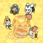 amayakasuneko ambiguous_gender bee_costume butter clothed clothed_feral clothing dairy_products domestic_cat felid feline felis feral food group honey_(food) mammal mojacookie nagameruneko official_art pancake shikaruneko shikaruneko_(series)