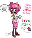 accessory amy_rose anthro blush boots bracelet clothing crop_top dialogue eulipotyphlan female footwear fur gloves green_eyes hair_accessory hairband handwear hedgehog hi_res jewelry magnum3000 mammal pajamas pink_body pink_fur sega shirt shoes shy solo sonic_the_hedgehog_(series) speech_bubble strip_game strip_meme topwear undressing