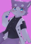 2023 ametis anthro black_clothing black_shirt black_topwear blue_eyeswhite_countershading blue_pawpads blush bottomless canid canine clothed clothing crotch_tuft digital_media_(artwork) featureless_crotch fox fur glistening glistening_eyes hand_to_side hi_res iryu_km kemono looking_at_viewer looking_down looking_down_at_viewer male mammal pawpads pink_background portrait pose production_taiikukan purple_body purple_fur raised_hand shirt simple_background three-quarter_portrait three-quarter_view topwear tuft white_body white_clothing white_fur white_topwear young young_anthro young_male