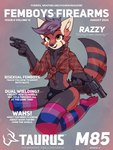 3:4 ailurid anthro bisexual_pride_colors bulge clothed clothing cover crossdressing dual_wielding english_text femboy front_tie_shirt gun handgun hi_res holding_object holding_weapon kneeling legwear lgbt_pride magazine_cover male mammal marcus_gray pattern_clothing pattern_legwear pattern_shirt pattern_stockings pattern_topwear plaid plaid_clothing plaid_shirt plaid_topwear pride_colors ranged_weapon red_panda revolver shirt solo stockings striped_clothing striped_legwear striped_stockings stripes text thong topwear underwear weapon