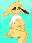 anthro blush breasts ears_down eeveelution female fur generation_1_pokemon hi_res jolteon kame_3 multicolored_body multicolored_fur nintendo pivoted_ears pokemon pokemon_(species) simple_background sitting smile solo spiral_eyes tuft two_tone_body two_tone_fur white_body white_fur white_tuft yellow_body yellow_fur