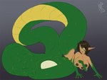 2023 4:3 4_arms 4_breasts after_transformation apode breasts draconcopode egg female forked_tongue green_body green_eyes green_scales humanoid_pointy_ears lamia legless multi_arm multi_breast multi_limb nipples nude pointy_ears reptile scales scalie sepisnake serpentine simple_background snake solo split_form tongue tongue_out